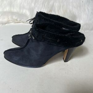 Anne Klein black suede mules with faux fur contour  leather lace size 10